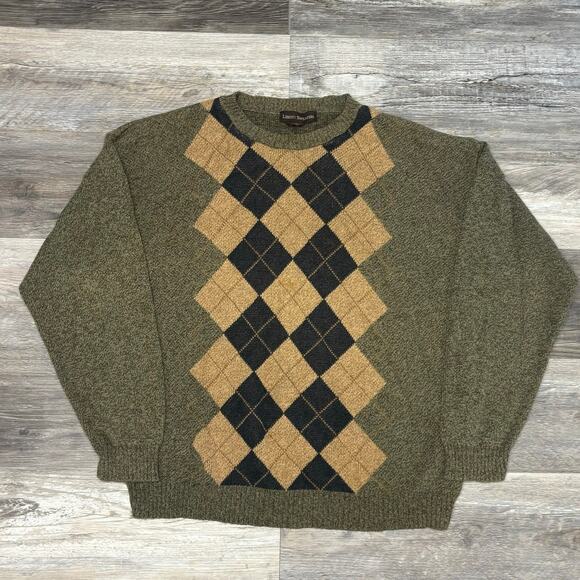 Vintage 90s Liberty Green Tan Mens M Diamond Argyle USA Made Grandpa Sweater‎ - Picture 1 of 7